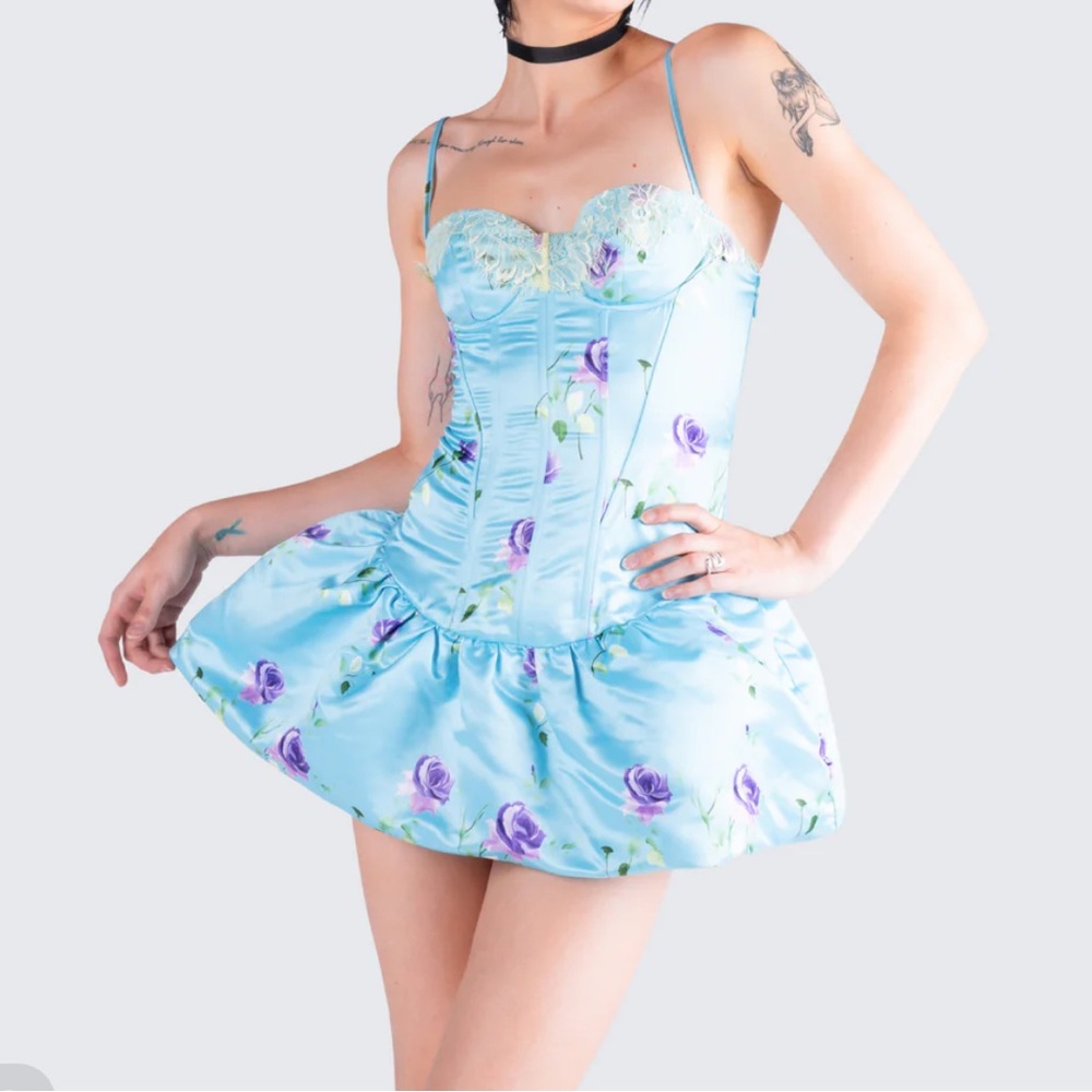 Finesse Small Tif Blue Satin Floral Mini Bubble Dress